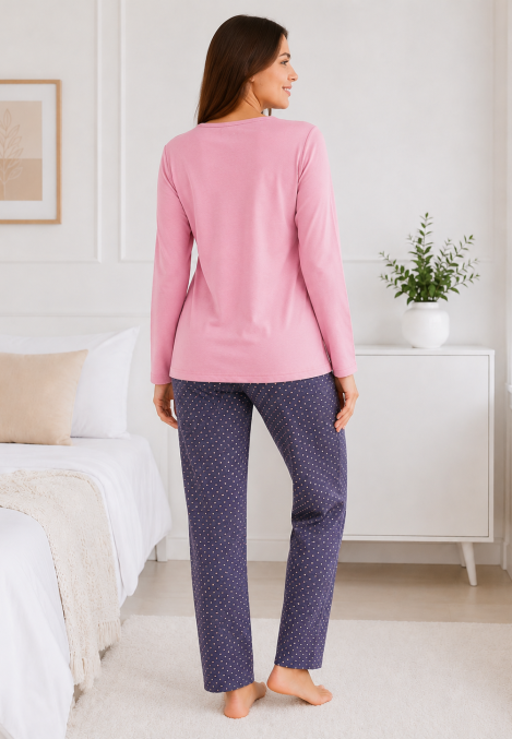 Pijama de damă cu bluză cu maneca lunga și pantaloni -Roz ,Engros